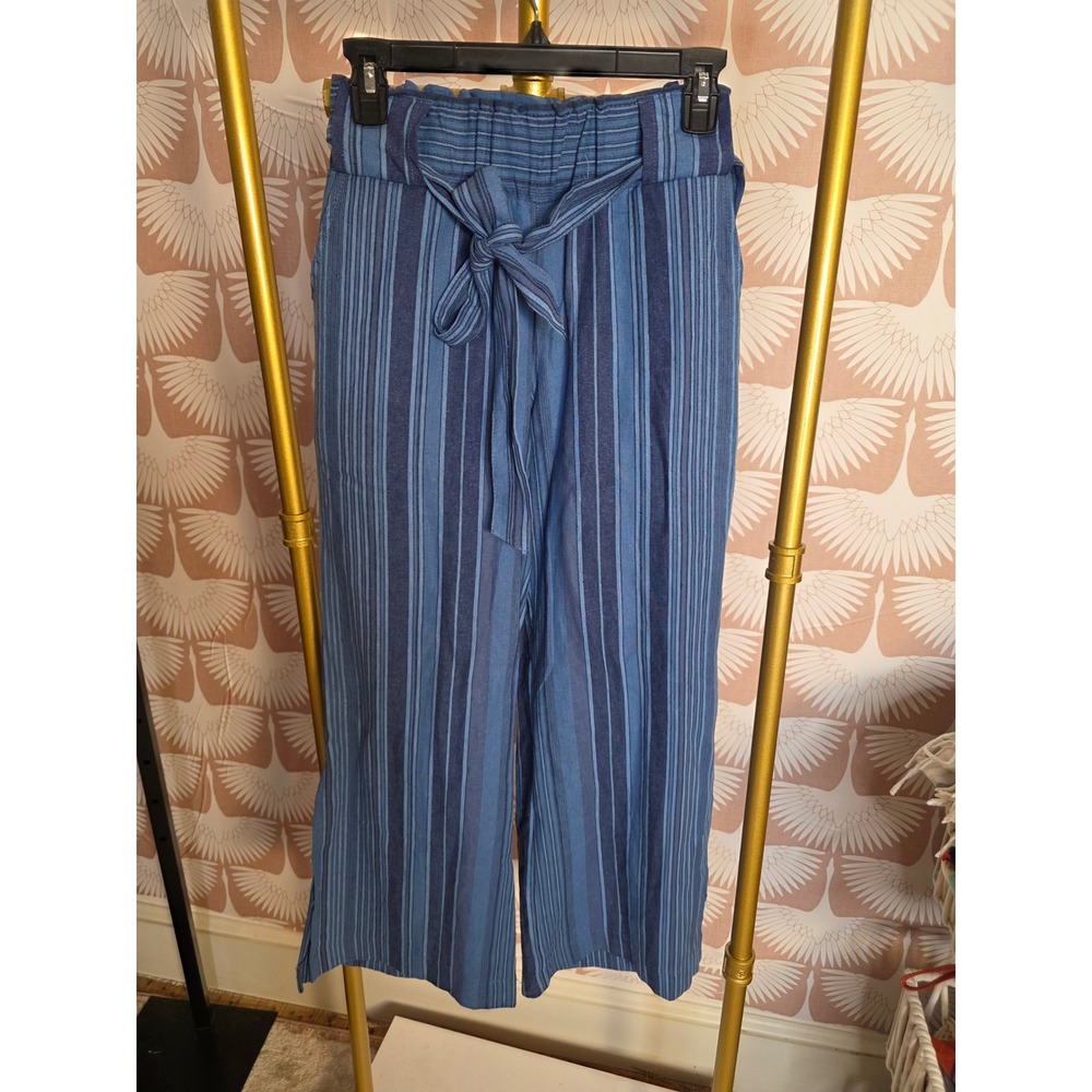 Banjara Blue Striped Linen Blend Paperbag Waist Wide Leg Pants Small